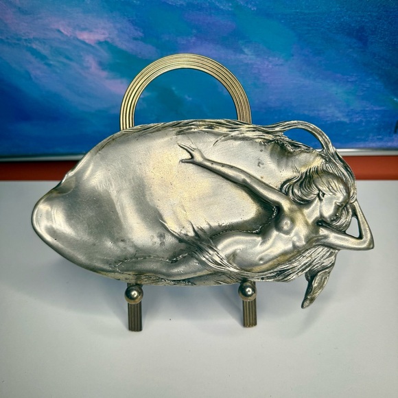 EPU Europe Art Nouveau Nude Woman Pewter Vanity Tray Ashtray Vintage Metal Fairy